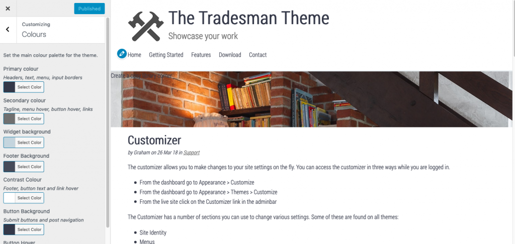 Tradesman theme colour customiser
